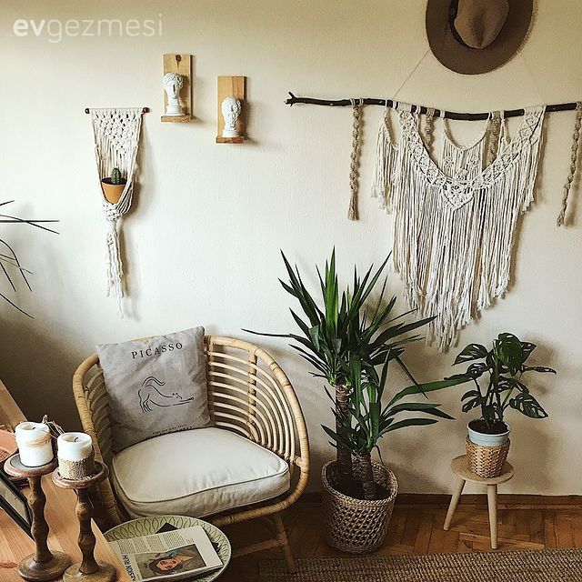 Makrome, Ev bitkisi, Rattan sandalye, Krem, Bej, Saksı, Parke