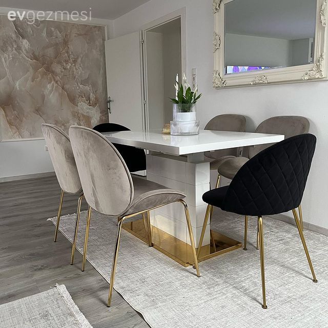 Yemek Odası, Modern, Bej, Beyaz, Vizon, Ayna, Halı, Yemek masası, Duvar dekorasyonu, Altın