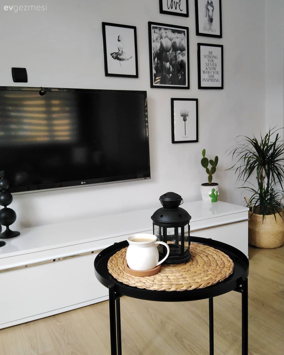 Beyaz, Siyah, Tv ünitesi, Tv ünitesi aksesuarları, Ev Aksesuar, Orta sehpa, Sehpa, Çerçeve, Duvar dekorasyonu, Ev bitkisi, Hasır sepet