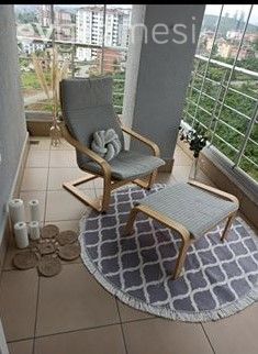 Balkon, Beyaz, Gri, Balkon masası, Sandalye, Balkon halısı, Mum, Yuvarlak halı, Halı