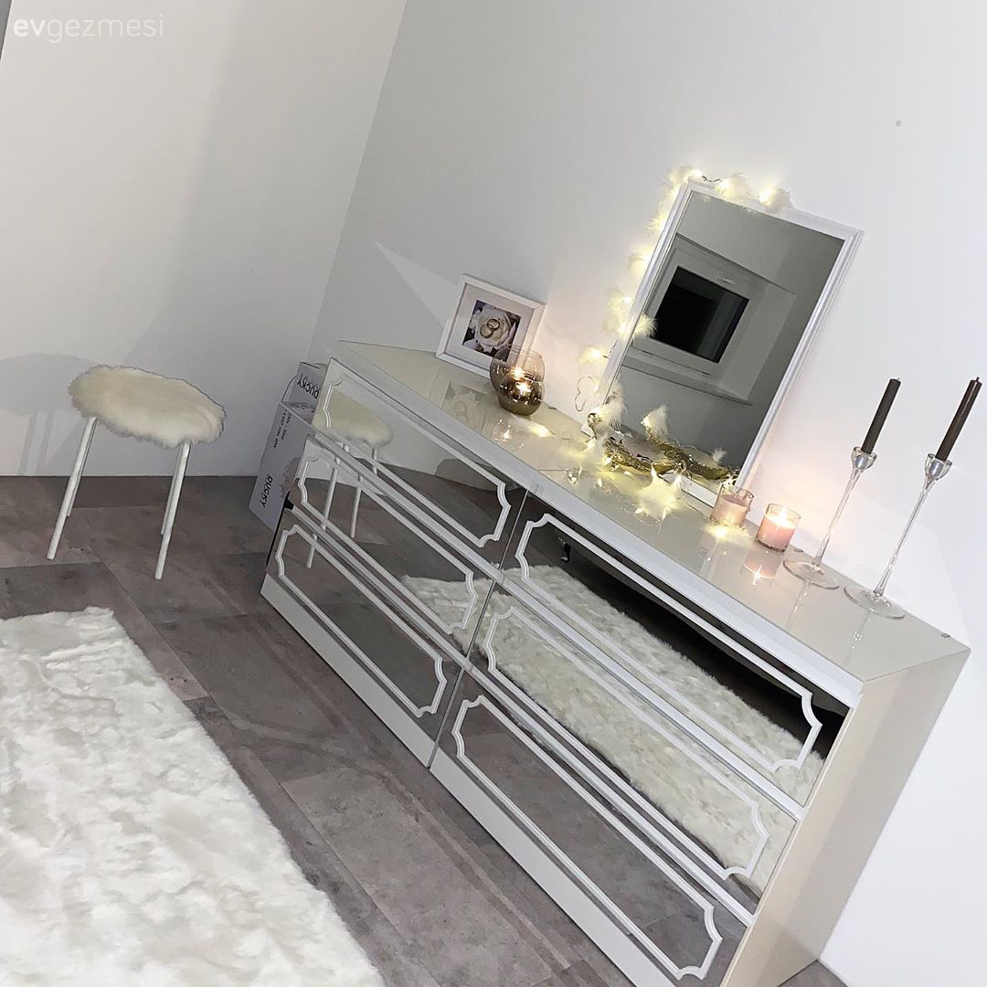 Beyaz, Art deko, Makyaj masası, Yatak Odası, Makyaj aynası, Şamdan, Ev Aksesuar, Peluş