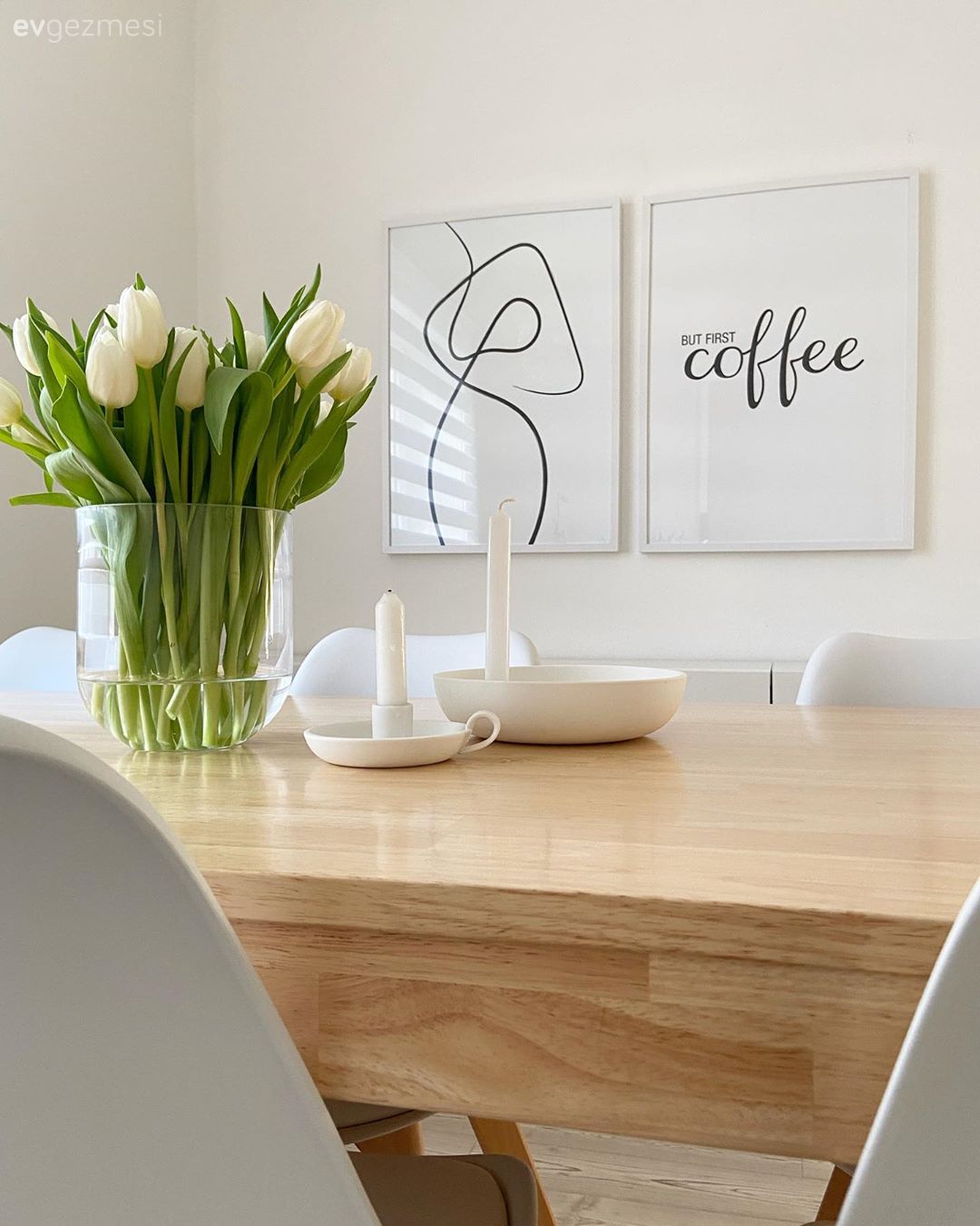 Modern, Yemek masası, Sandalye, Ahşap masa, Vazo, Ev Aksesuar, Çiçekler, Beyaz, Çerçeve, Mumluk