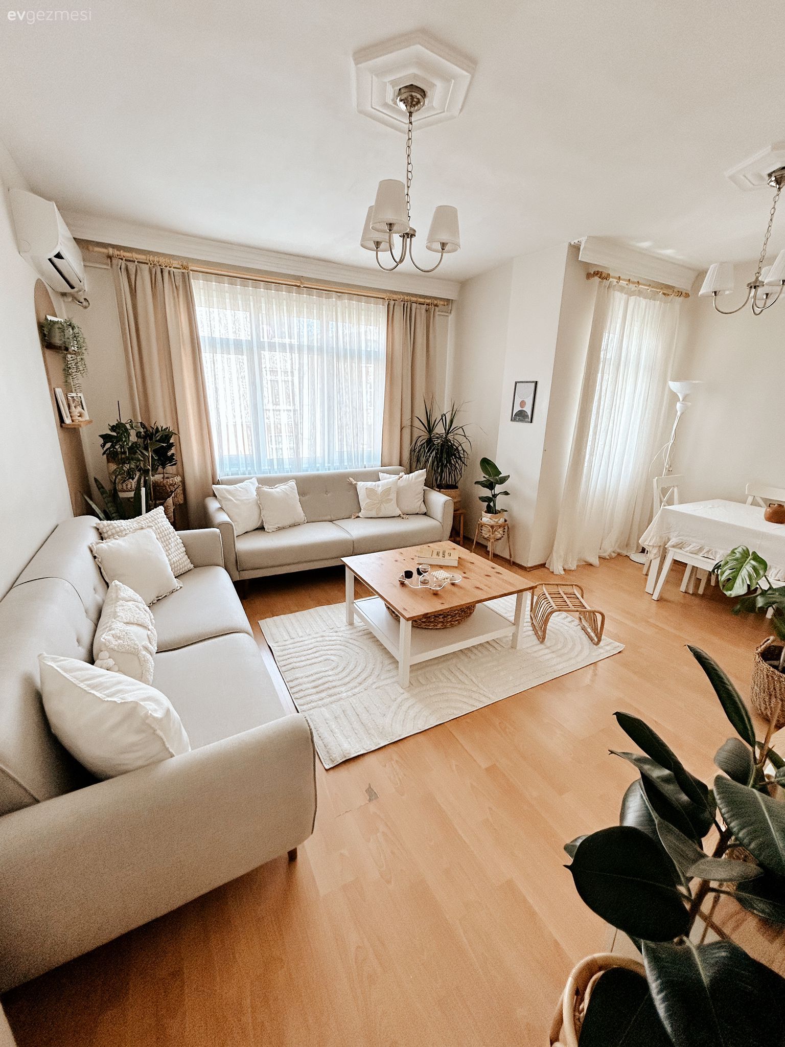 Salon, İskandinav, Beyaz, Bej, Krem, Koltuk takımı, Fon perde, Perde, Tül perde, Kırlent, Ev tekstili, Orta sehpa, Sehpa, Halı, Sandalye, Yemek masası, Parke, Ev bitkisi, Avize, Aydınlatma, Saksı, Dekoratif Objeler