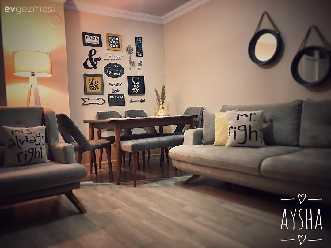 Salon, Gri, Ahşap Mobilya, Koltuk takımı, Berjer, Yemek masası, Sandalye, Duvar dekorasyonu, Duvar panosu, Ayna, Lambader, Aydınlatma, Modern, Bank