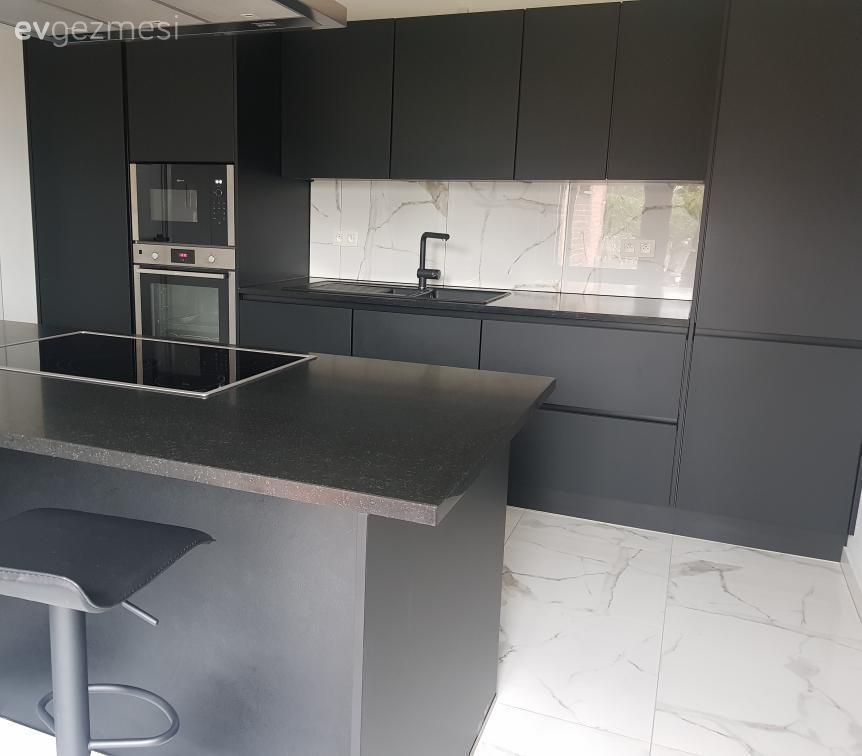 Siyah, Mutfak, Modern mutfak, Siyah mutfak, Beyaz, Ada mutfak, Ankastre