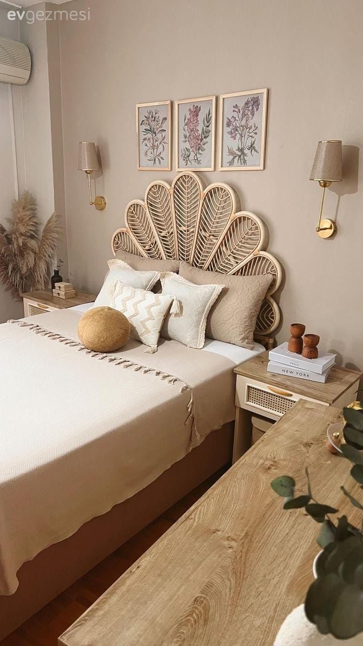 Yatak Odası, Bohem Dekorasyon, Yatak başlığı, Komodin, Aplik, Aydınlatma