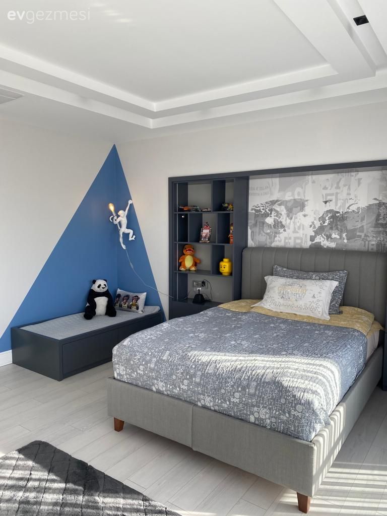 Çocuk Odası, Gri, Beyaz, Mavi, Siyah, Dolap, Duvar dekorasyonu, Sedir, Halı