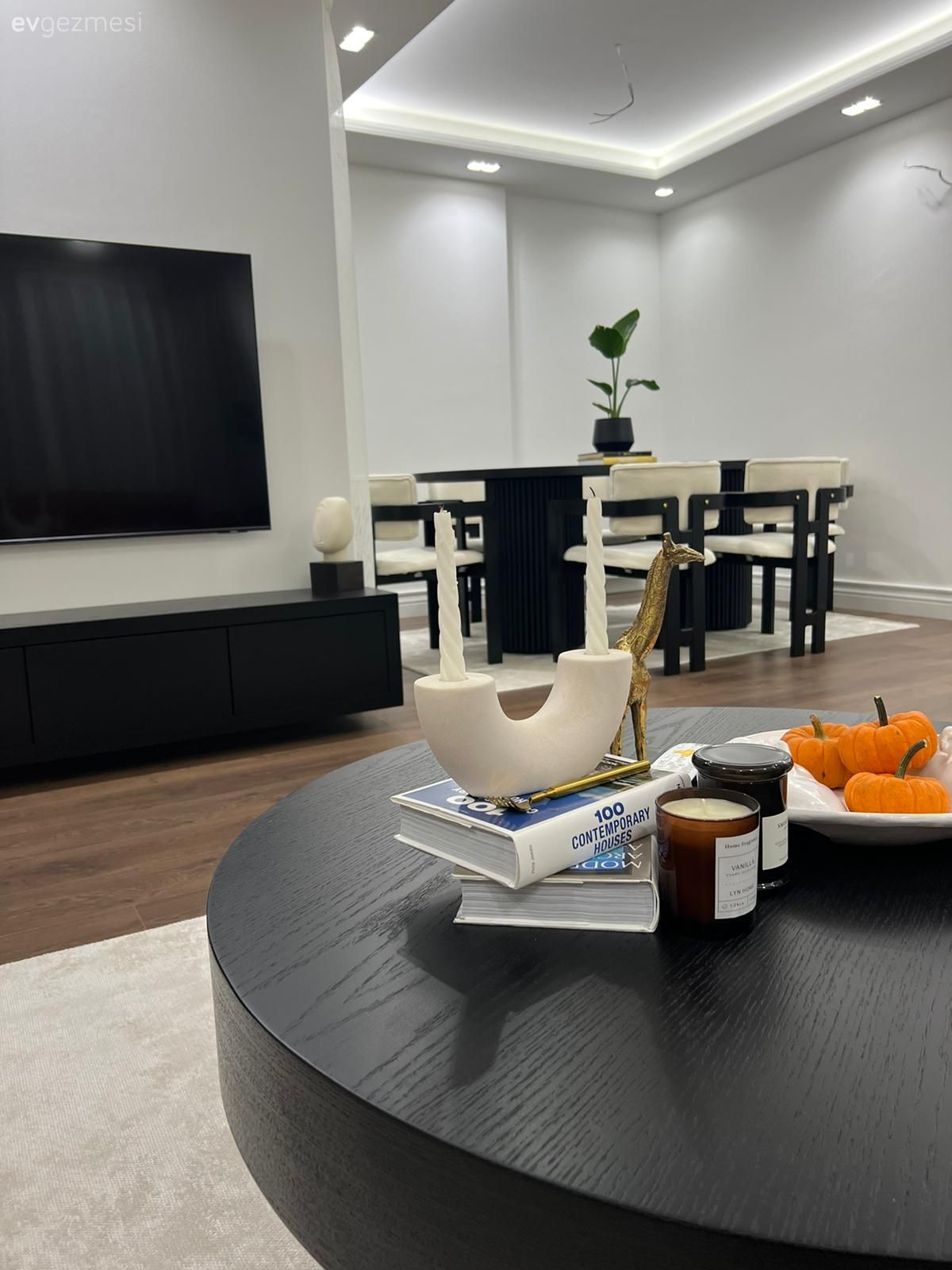 Tv ünitesi, Tv ünitesi aksesuarları, Ev Aksesuar, Siyah, Beyaz, Halı, Salon halısı, Yuvarlak sehpa, Sehpa, Sandalye, Yemek masası, Spot aydınlatma, Aydınlatma, Led aydınlatma, Ev bitkisi