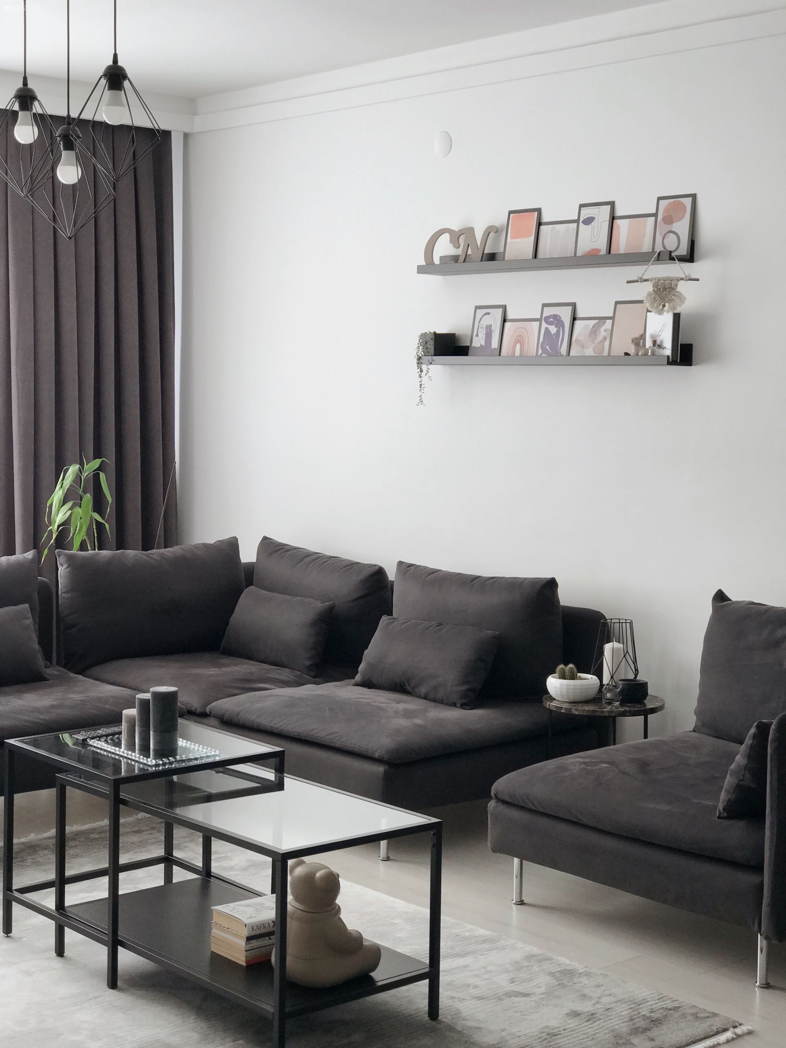 Salon, Modern, Siyah, Köşe koltuk, Koltuk takımı, Antrasit  , Fon perde, Perde, Beyaz, Tül perde, Avize, Aydınlatma, Halı, Salon halısı, Duvar rafı, Duvar dekorasyonu, Orta sehpa, Sehpa, Ev bitkisi