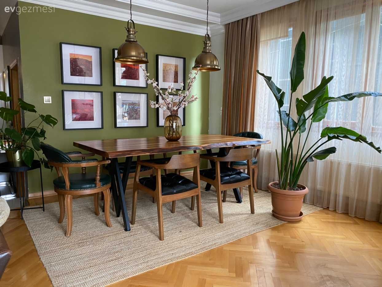 Salon, Yeşil duvar, Çerçeve, Beyaz, Siyah, Kahverengi, Modern, Jüt halı, Halı, Parke, Sandalye, Yemek masası, Sarkıt, Aydınlatma, Fon perde, Perde, Tül perde, Saksı, Ev bitkisi