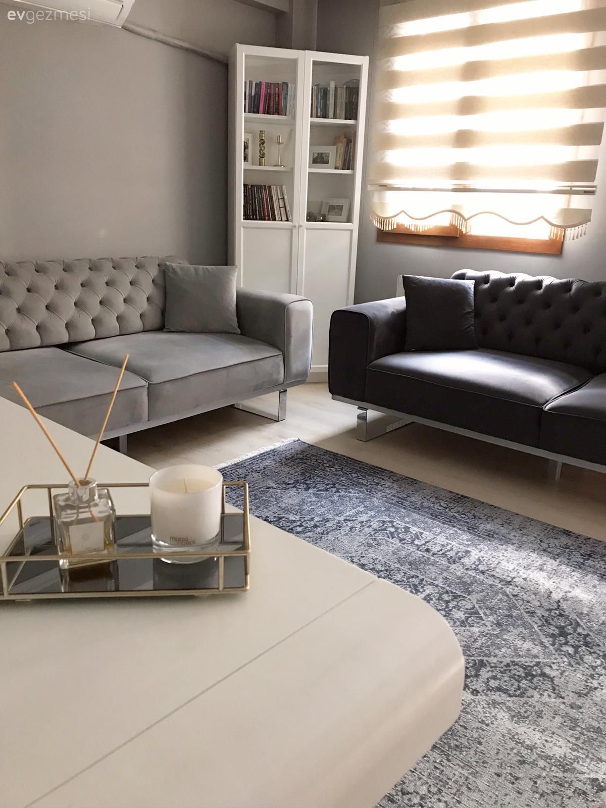 Salon, Modern, Gri, Antrasit  , Beyaz, Zebra Perde, Perde, Modern chesterfield, Halı, Salon halısı, Kitaplık, Avize, Aydınlatma, Salon avizesi, Yemek masası