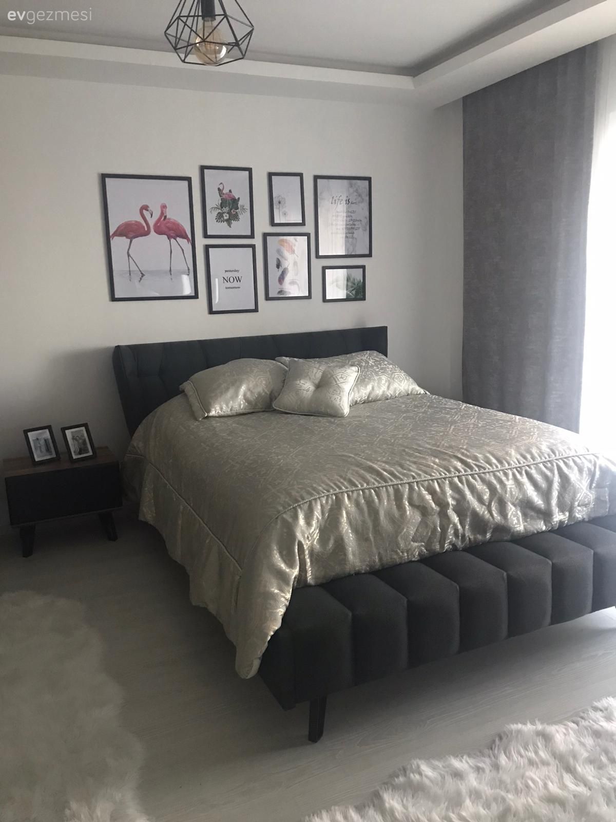 Yatak Odası, Antrasit  , Krem, Yatak başlığı, Çerçeve, Yatak odası duvar dekorasyonu, Bank, Komodin, Peluş, Fon perde, Perde