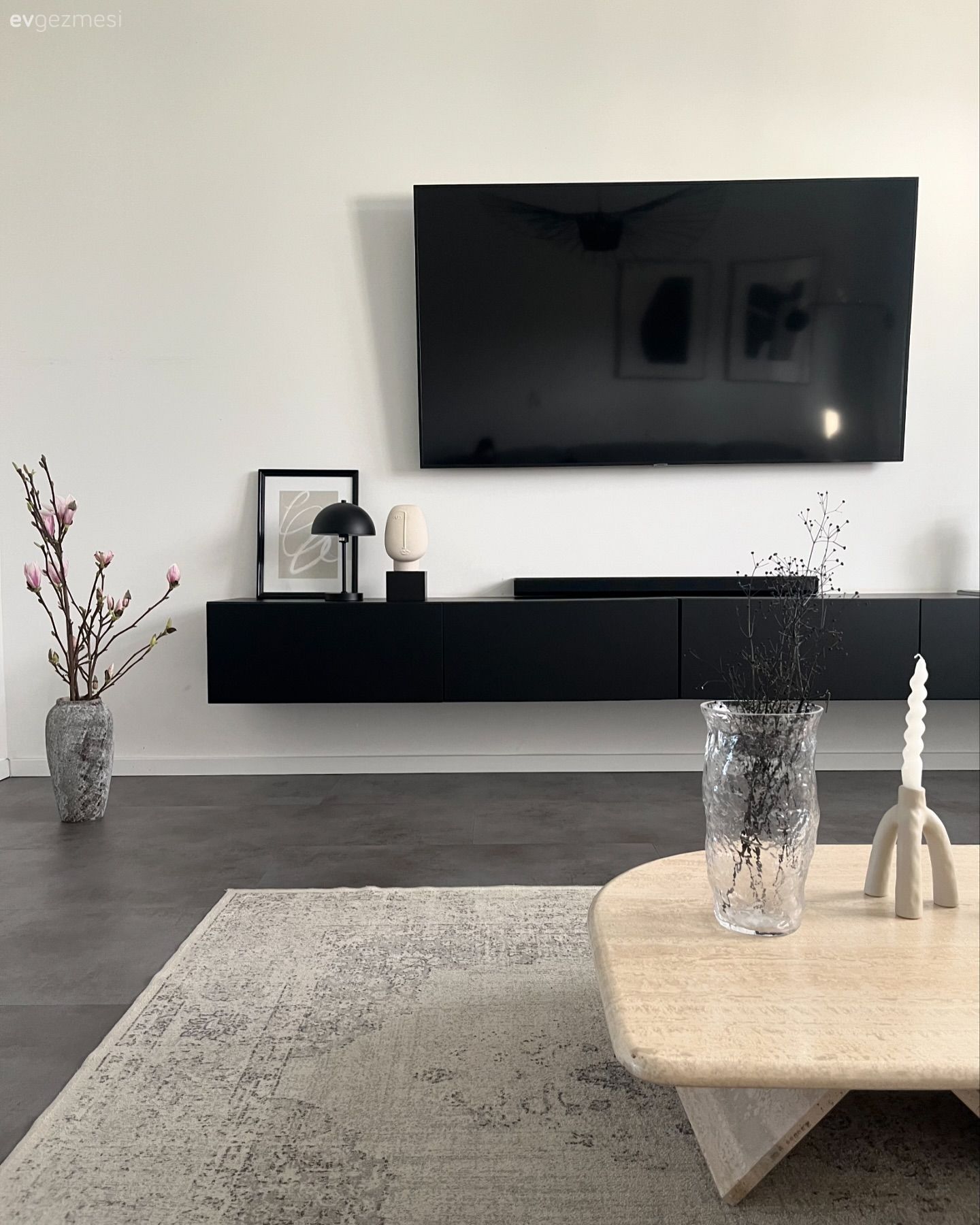 Salon, Modern, Siyah, Beyaz, Orta sehpa, Sehpa, Halı, Vazo, Ev Aksesuar, Dekoratif Objeler, Salon halısı, Bej, Ahşap Mobilya, Gri, Tv ünitesi, Tv ünitesi aksesuarları