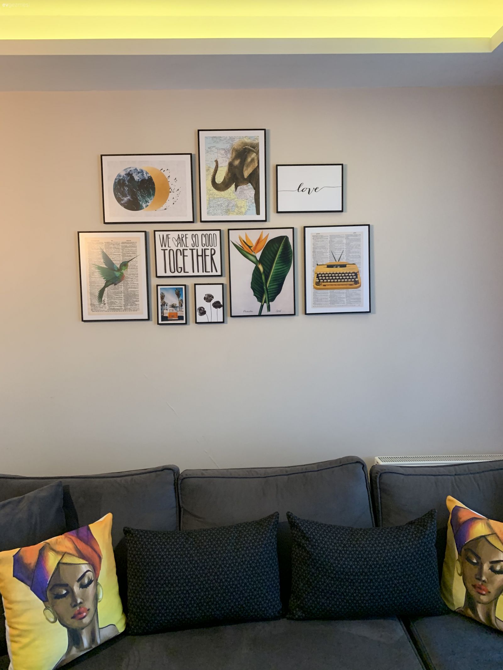 Galeri duvarı, Duvar dekorasyonu, Beyaz, Gri, Füme, Antrasit  , Çerçeve, Kırlent, Ev tekstili