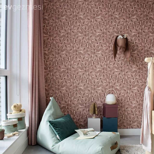 Yatak Odası, Beyaz, Bej, Gri, Pembe, Puf, Yatak odası duvar dekorasyonu, Duvar kağıdı, Duvar dekorasyonu, Fon perde, Perde, Mavi