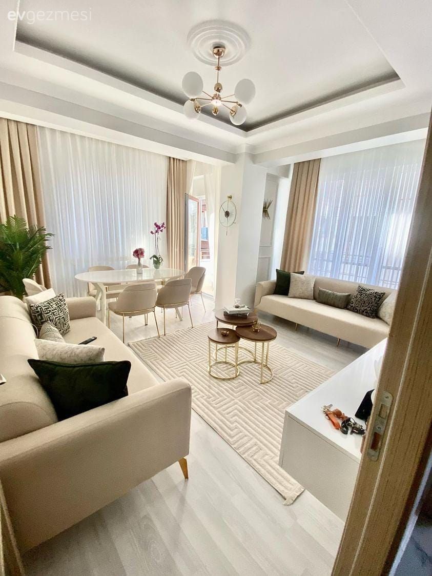 Salon, Modern, Beyaz, Krem, Altın, Bej, Fon perde, Perde, Tül perde, Koltuk takımı, Sandalye, Yemek masası, Kırlent, Ev tekstili, Tv ünitesi, Tv ünitesi aksesuarları, Ev Aksesuar, Ev bitkisi, Saksı, Avize, Aydınlatma, Salon avizesi, Orta sehpa, Sehpa, Halı, Salon halısı, Metal ayaklı sehpa, Dekoratif Objeler