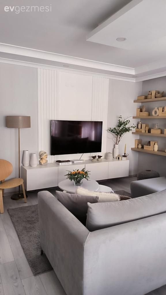 Tv ünitesi, Beyaz, Gri, Bej, Sandalye, Duvar rafı, Duvar dekorasyonu, Kitaplık, Köşe koltuk, Koltuk takımı