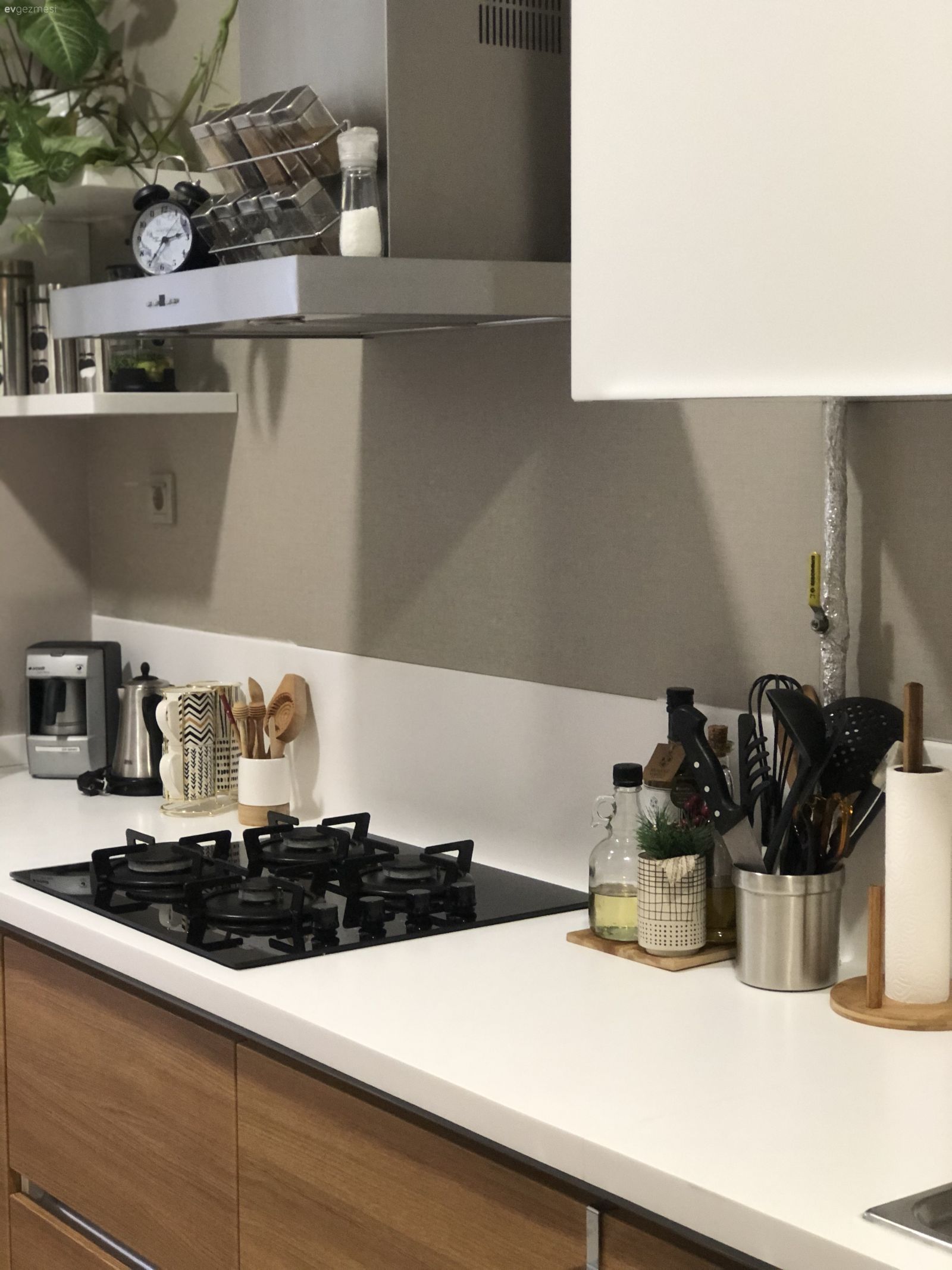 Mutfak rafı, Mutfak, Beyaz ve ahşap mutfak, Mutfak tezgahı, Mutfak tezgah arası, Mutfak aksesuarları, Ev bitkisi, Davlumbaz, Gri