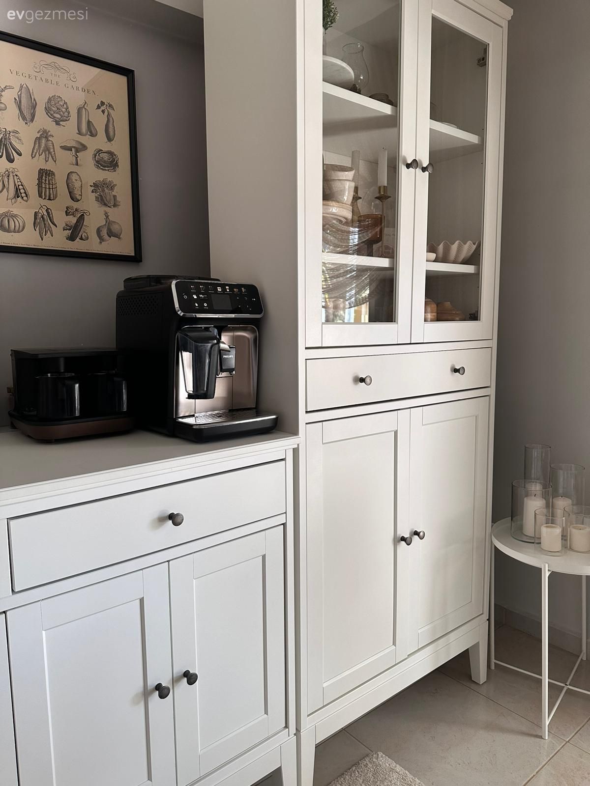 Mutfak, Beyaz, Kahve köşesi, Mutfak aksesuarları, Shaker kapaklı dolaplar