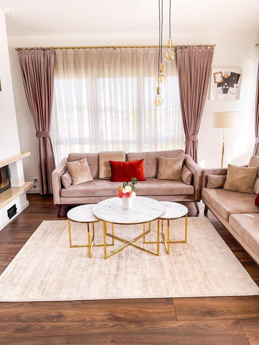 Salon, Modern, Vizon, Bej, Beyaz, Altın, Krem, Fon perde, Perde, Tül perde, Koltuk takımı, Kırlent, Ev tekstili, Orta sehpa, Sehpa, Halı, Salon halısı, Avize, Aydınlatma, Salon avizesi, Lambader, Parke, Tv ünitesi, Tv ünitesi aksesuarları, Ev Aksesuar