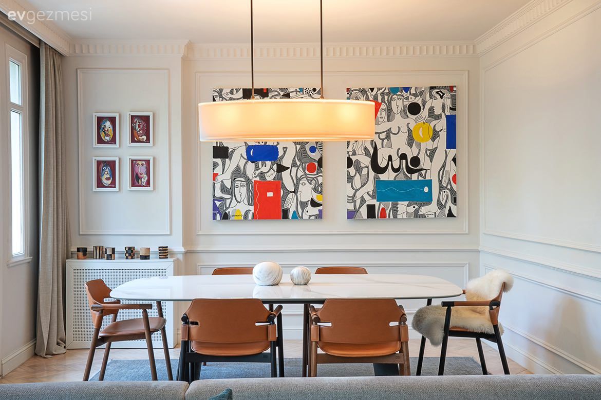 Yemek Odası, Beyaz, Krem, Duvar çıtalama, Tablo, Duvar dekorasyonu, Avize, Aydınlatma, Yemek odası avizesi, Çerçeve