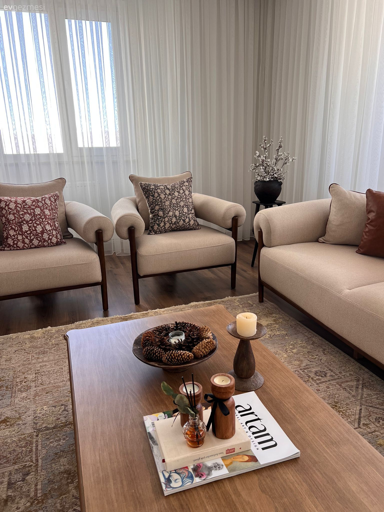 Salon, Rustik, Koltuk takımı, Bej, Beyaz, Krem, Ahşap Mobilya, Berjer, Orta sehpa, Sehpa, Halı, Salon halısı, Kırlent, Ev tekstili, Mutfak, Tül perde, Perde, Dekoratif Objeler