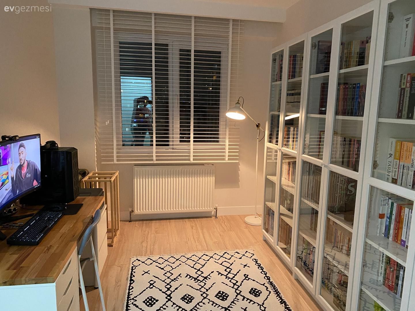 Çalışma odası, Beyaz, Kitaplık, Jaluzi, Halı, Parke