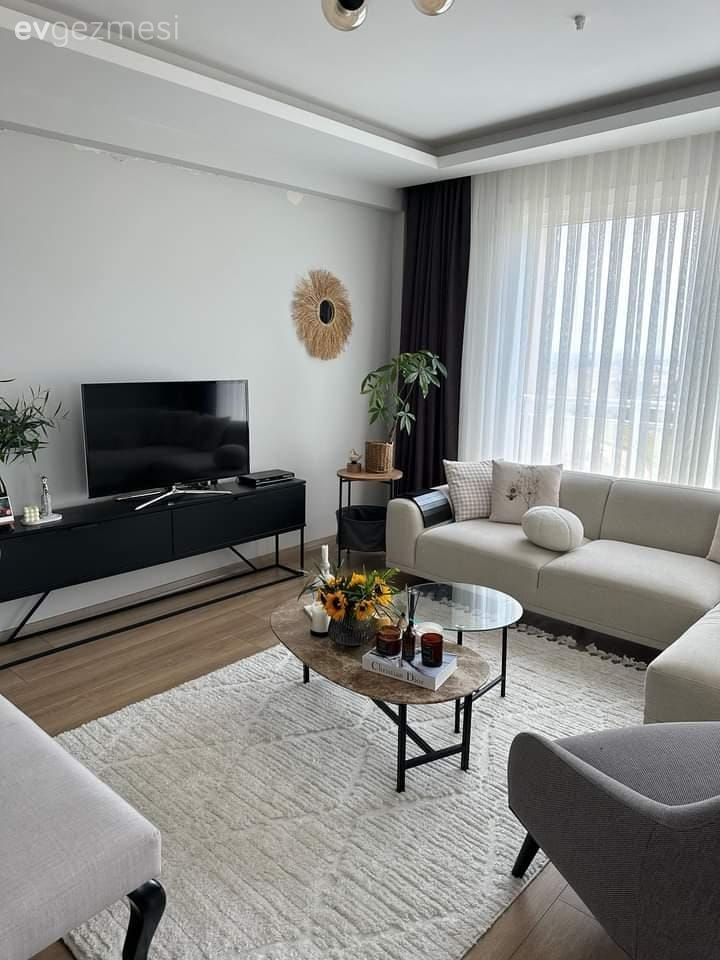 Salon, Modern, Beyaz, Gri, Siyah, Köşe koltuk, Koltuk takımı, Berjer, Kırlent, Ev tekstili, Fon perde, Perde, Tül perde, Halı, Salon halısı, Orta sehpa, Sehpa, Tv ünitesi, Tv ünitesi aksesuarları, Ev Aksesuar, Siyah- Beyaz, Saksı, Ev bitkisi