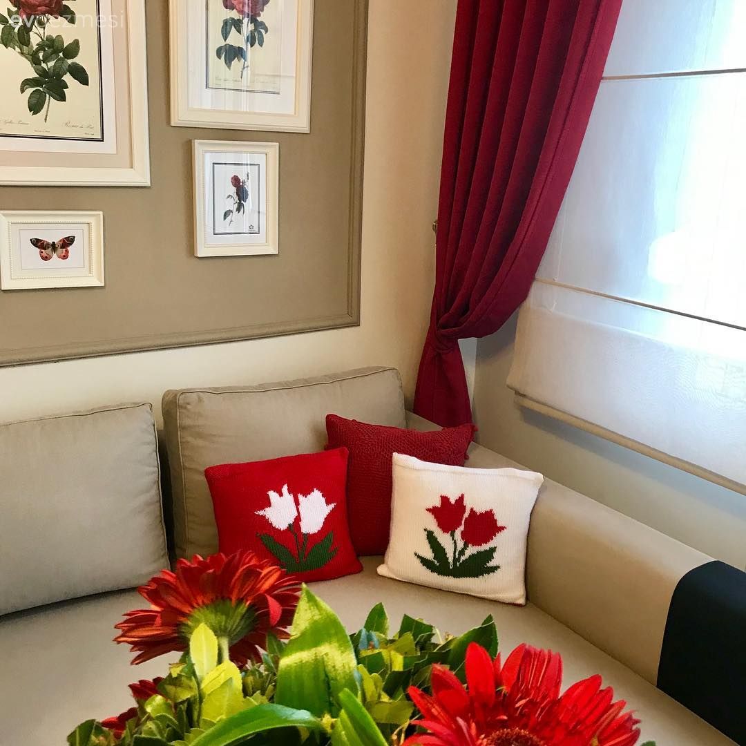 Fon perde, Perde, Kırlent, Ev tekstili, Beyaz, Kırmızı, Vizon, Çerçeve, Duvar panosu, Duvar dekorasyonu, Çiçekler