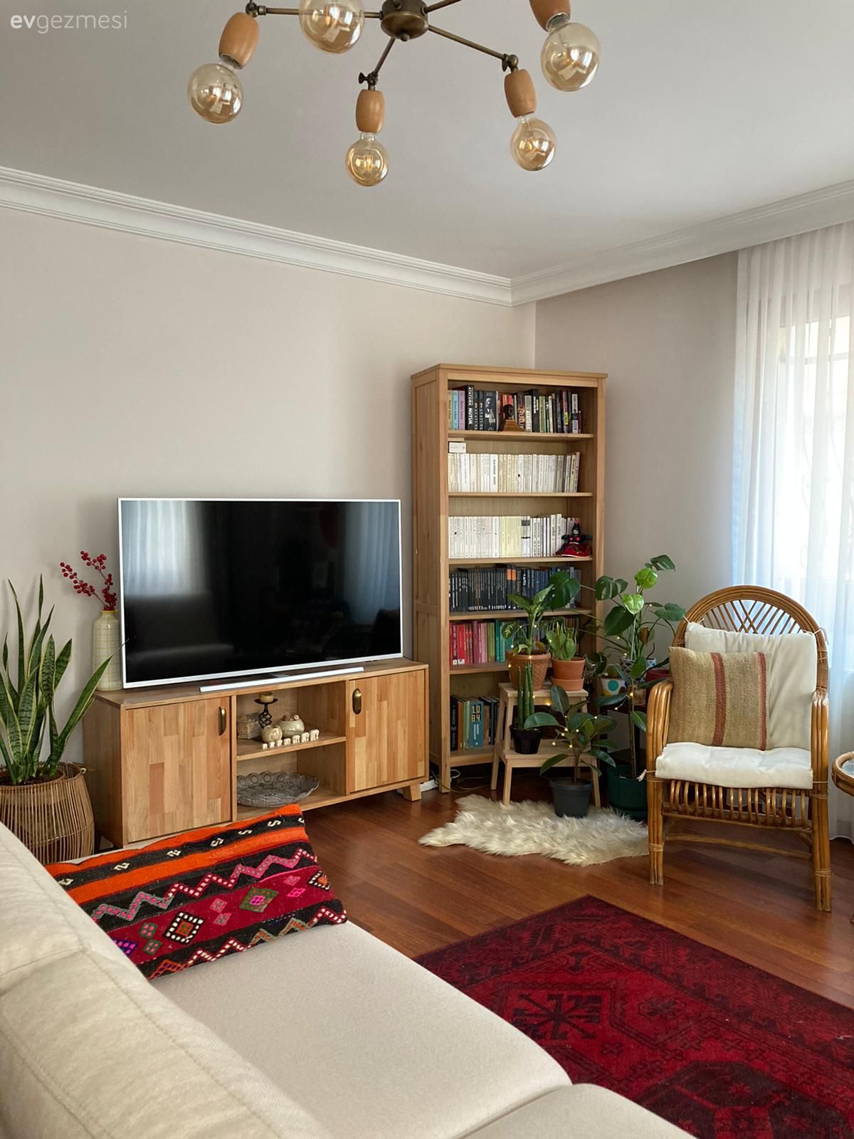 Salon, Eklektik, Rustik, Pembe, Kırmızı, Bordo, Beyaz koltuk, Köşe koltuk, Koltuk takımı, Rattan sandalye, Halı, El dokuma halı, Berjer, Kırlent, Ev tekstili, Desenler, Ev bitkisi, Tül perde, Perde, Duvar rafı, Duvar dekorasyonu, Avize, Aydınlatma, Kitaplık, Tv ünitesi