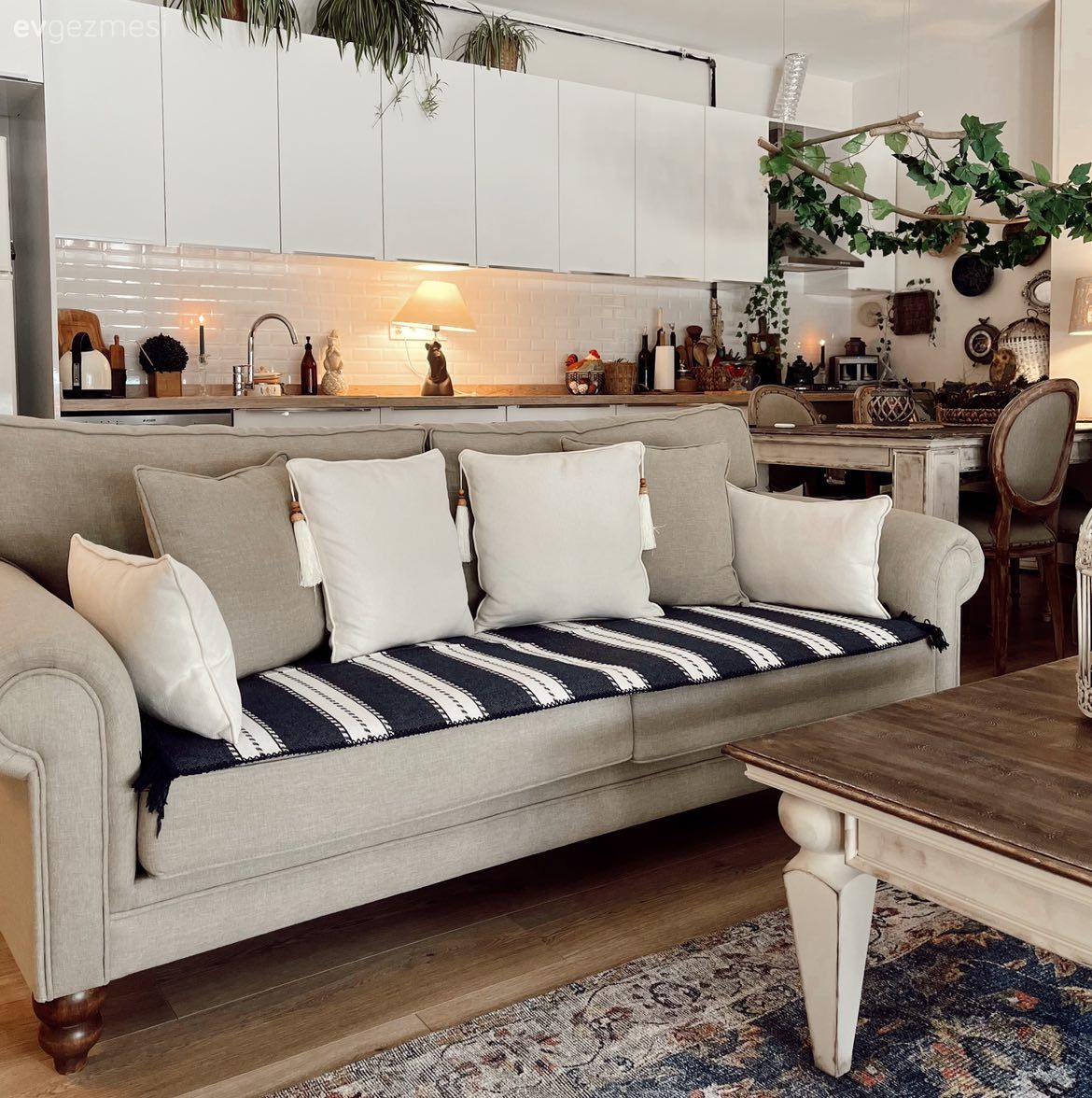 Salon, Bohem Dekorasyon, Krem, Vizon, Beyaz, Ahşap Mobilya, Kırlent, Ev tekstili, Ev bitkisi, Orta sehpa, Sehpa, Amerikan Mutfak, Mutfak