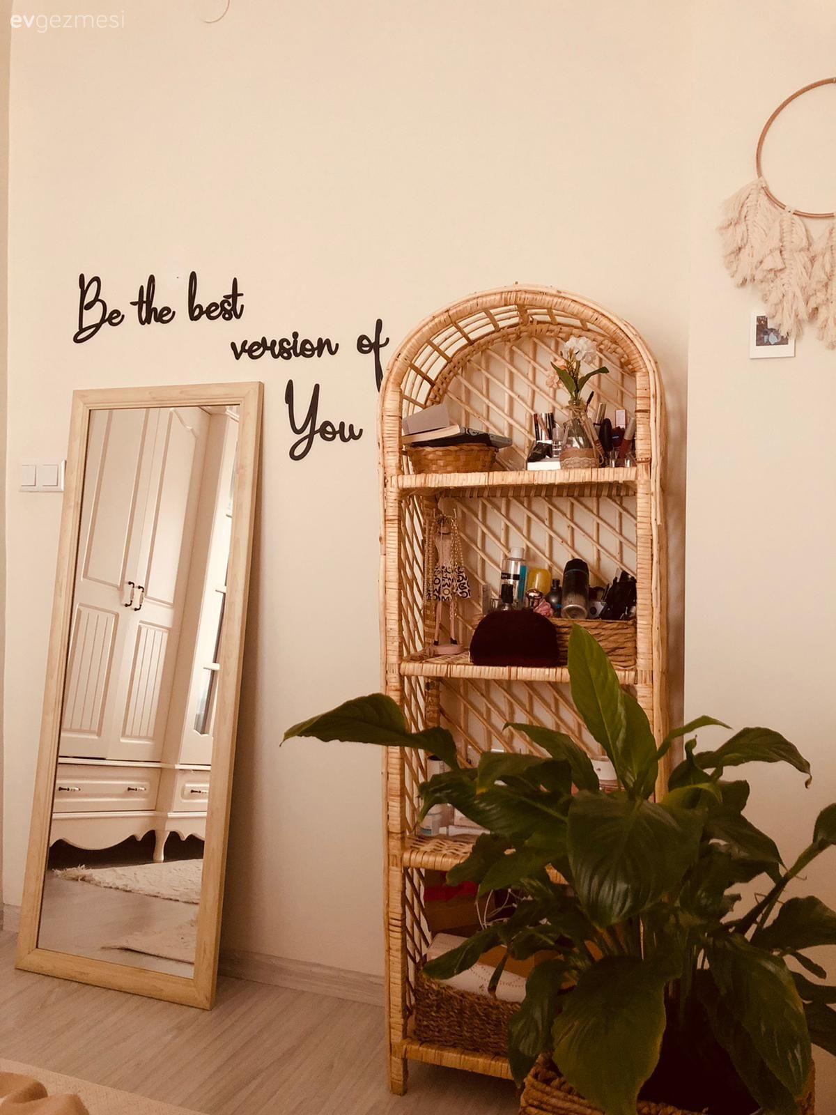 Bohem Dekorasyon, Beyaz, Krem, Bej, Boy aynası, Ayna, Hasır, Ev bitkisi