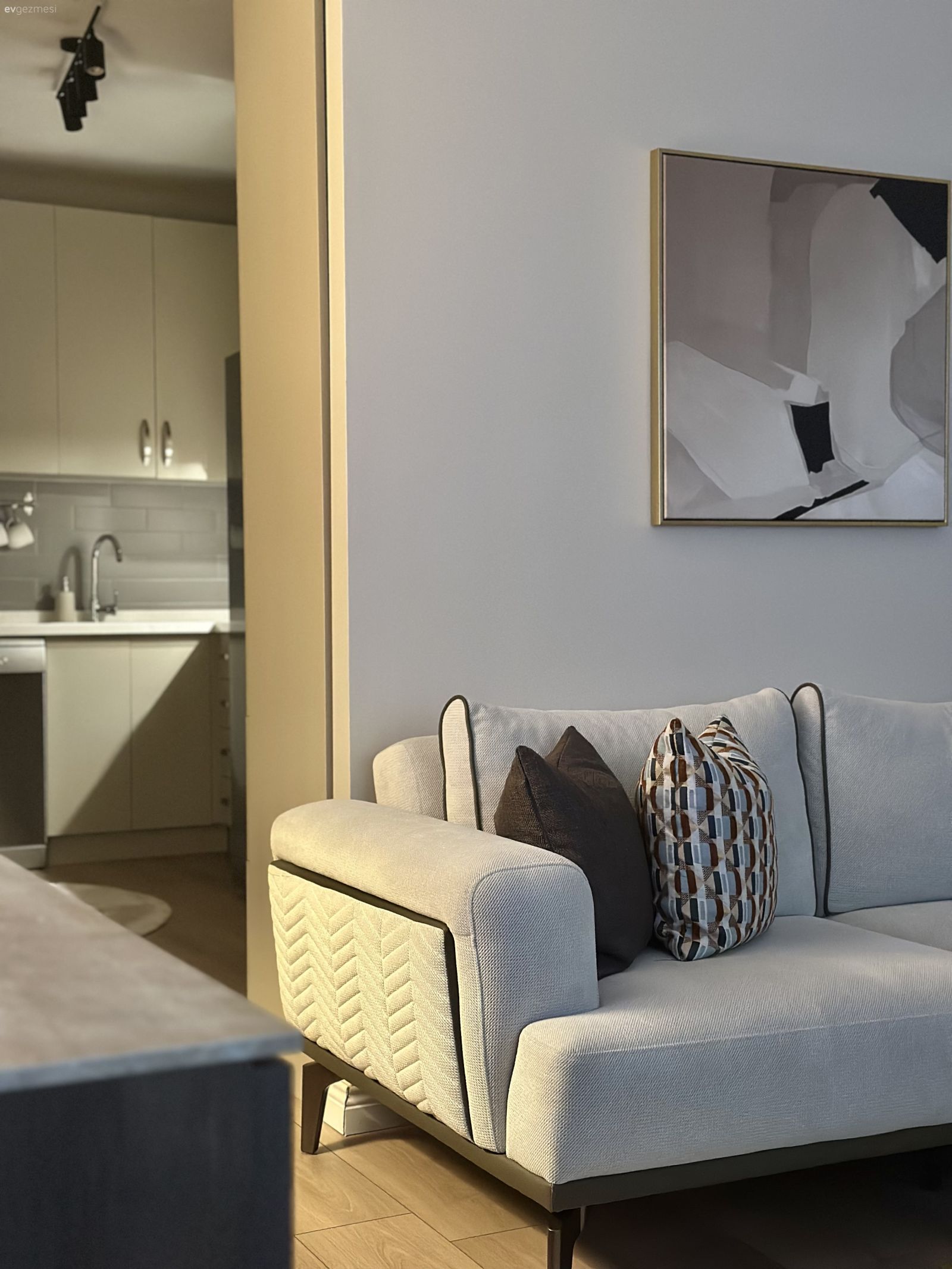 Salon, Modern, Beyaz koltuk, Kahverengi, Tablo, Duvar dekorasyonu, Kırlent, Ev tekstili