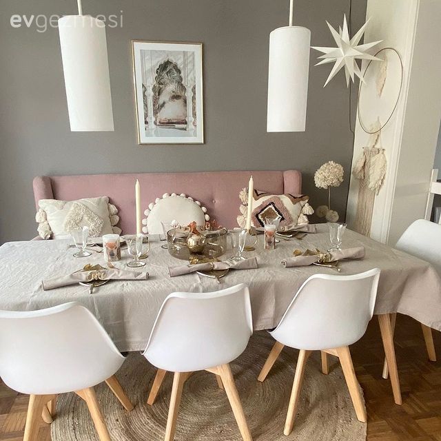 Yemek Odası, Beyaz, Gri, Pudra pembe, Gri duvar, Sandalye, Yemek masası, Yemek odası avizesi, Çerçeve