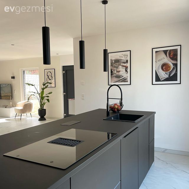 Mutfak, Beyaz, Siyah, Ada mutfak, Tablo, Duvar dekorasyonu, Sarkıt, Aydınlatma, Saksı, Ev bitkisi, Ankastre, Mutfak aksesuarları, Açık konsept yaşam alanı
