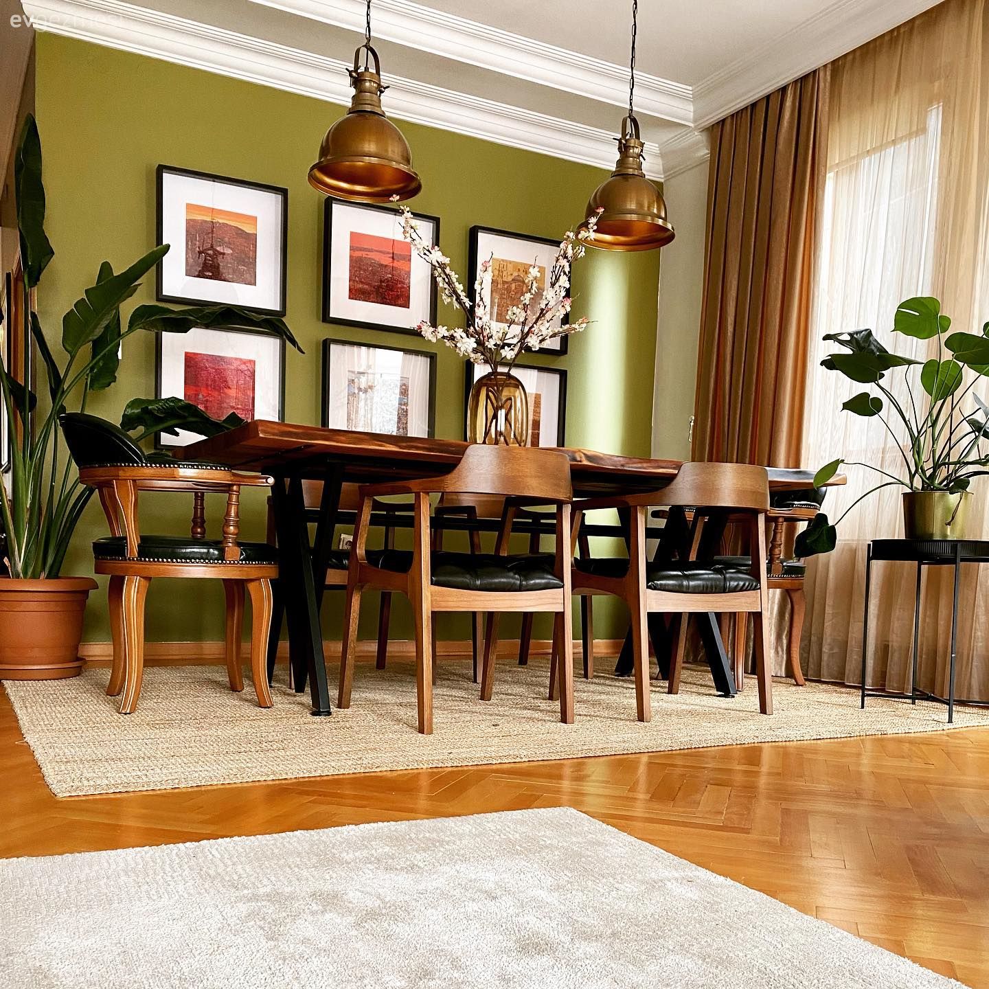 Beyaz, Yeşil, Kahverengi, Siyah, Çerçeve, Yeşil duvar, Yemek masası, Sandalye, Sarkıt, Aydınlatma, Fon perde, Perde, Tül perde, Halı, Salon halısı, Parke, Saksı, Ev bitkisi