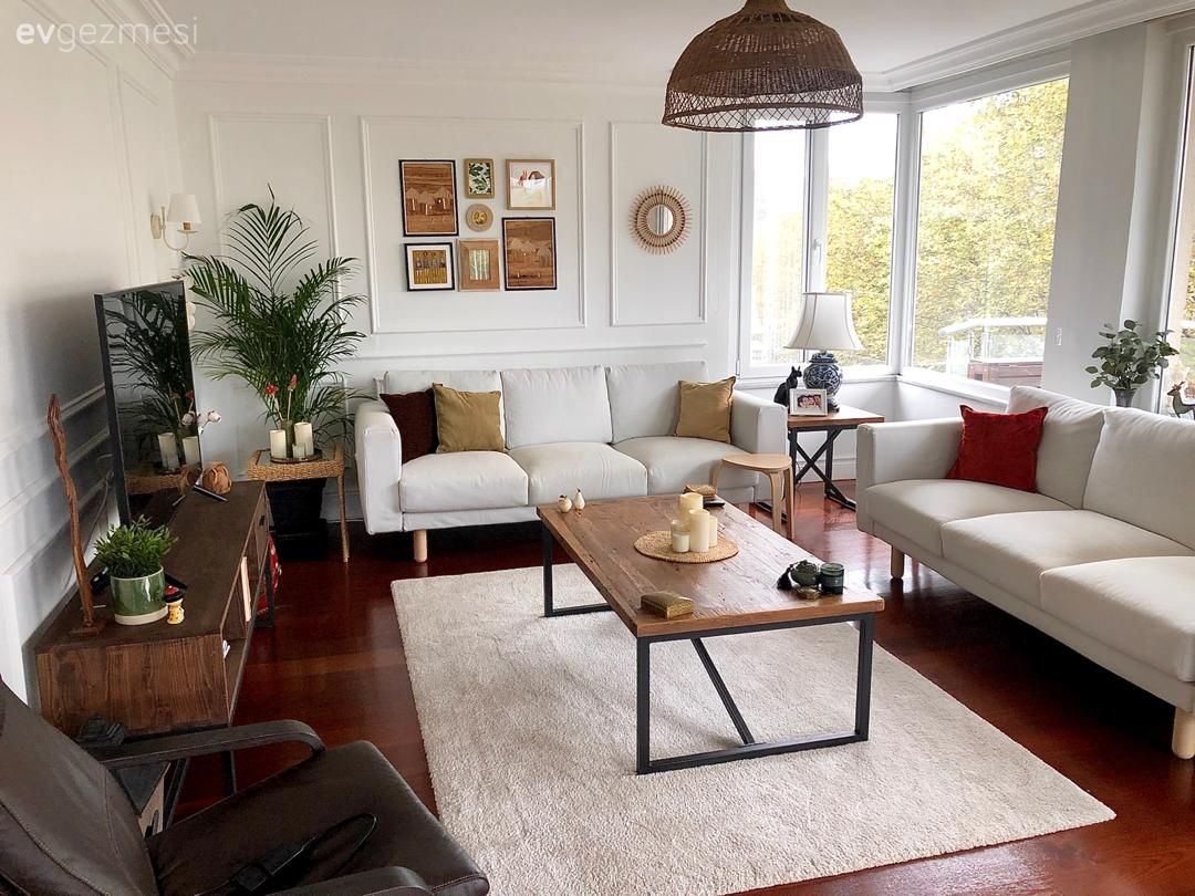 Salon, Modern, Bohem Dekorasyon, Beyaz, Kahverengi, Koltuk takımı, Turuncu, Orta sehpa, Sehpa, Sehpa üstü aksesuarı, Ev Aksesuar, Duvar çıtalama, Çerçeve, Kırlent, Ev tekstili, Tablo, Duvar dekorasyonu, Hasır avize, Tv ünitesi, Tv ünitesi aksesuarları, Parke, Abajur, Aydınlatma, Yan sehpa, İskandinav