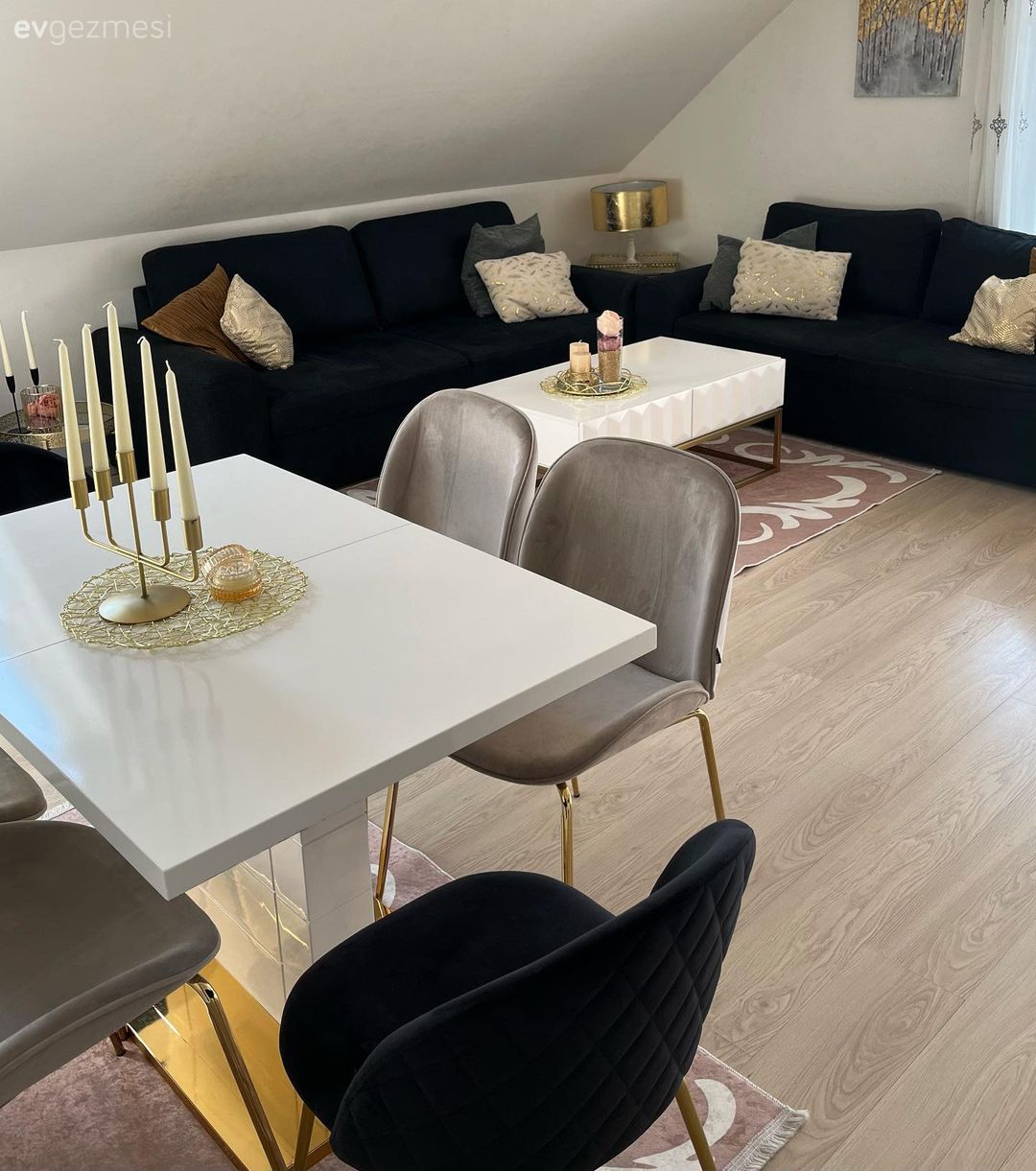 Salon, Modern, Beyaz, Siyah, Altın, Koltuk takımı, Sandalye, Yemek masası, Kırlent, Ev tekstili, Orta sehpa, Sehpa
