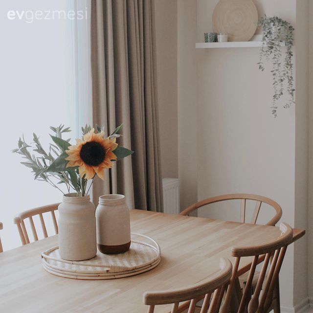 Ahşap Mobilya, Ev bitkisi, Saksı, Tül perde, Perde, Fon perde, Sandalye, Yemek masası