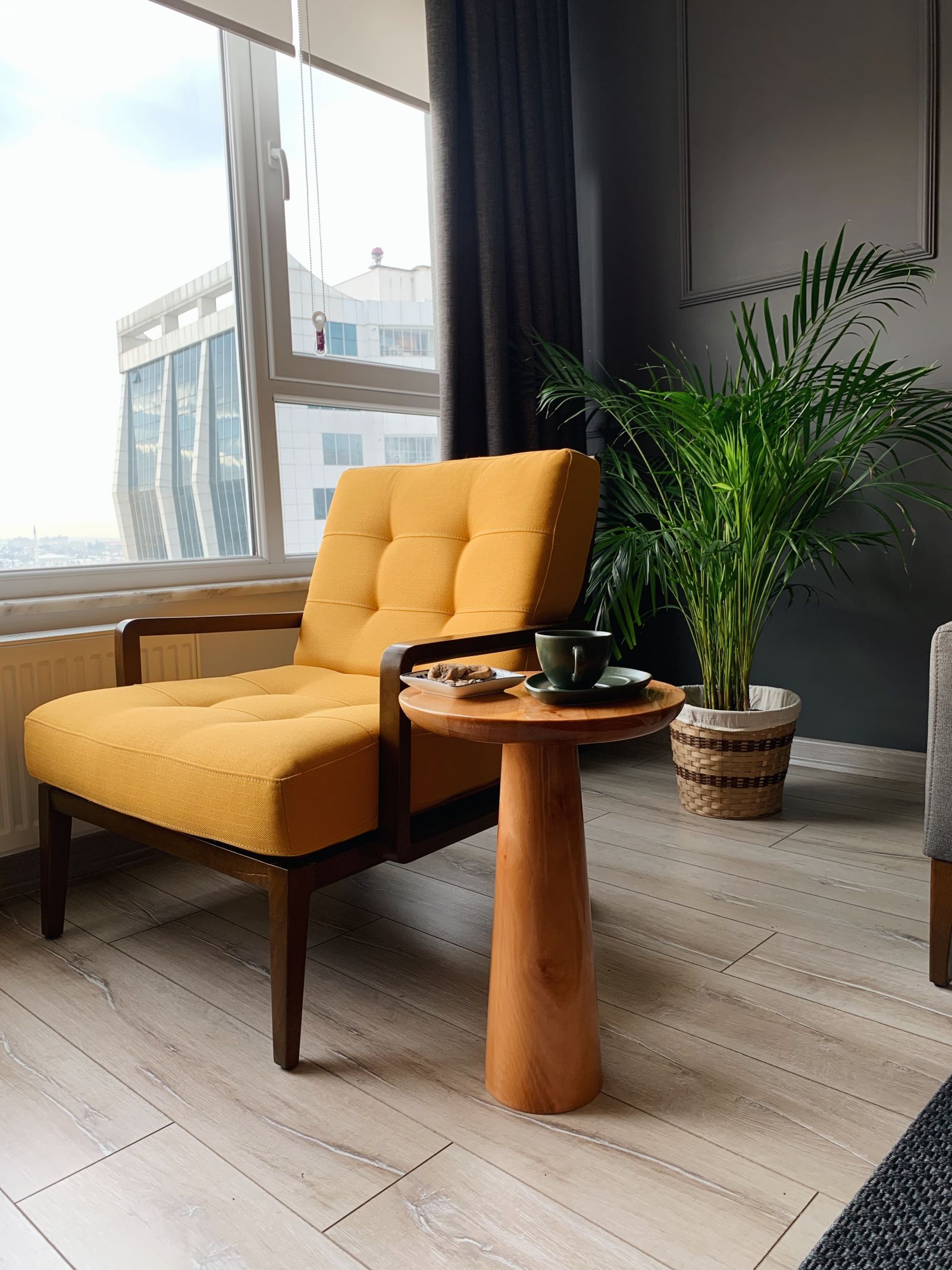 Gri duvar, Duvar çıtalama, Antrasit  , Hardal, Berjer, Yan sehpa, Sehpa, Saksı, Ev bitkisi, Fon perde, Perde