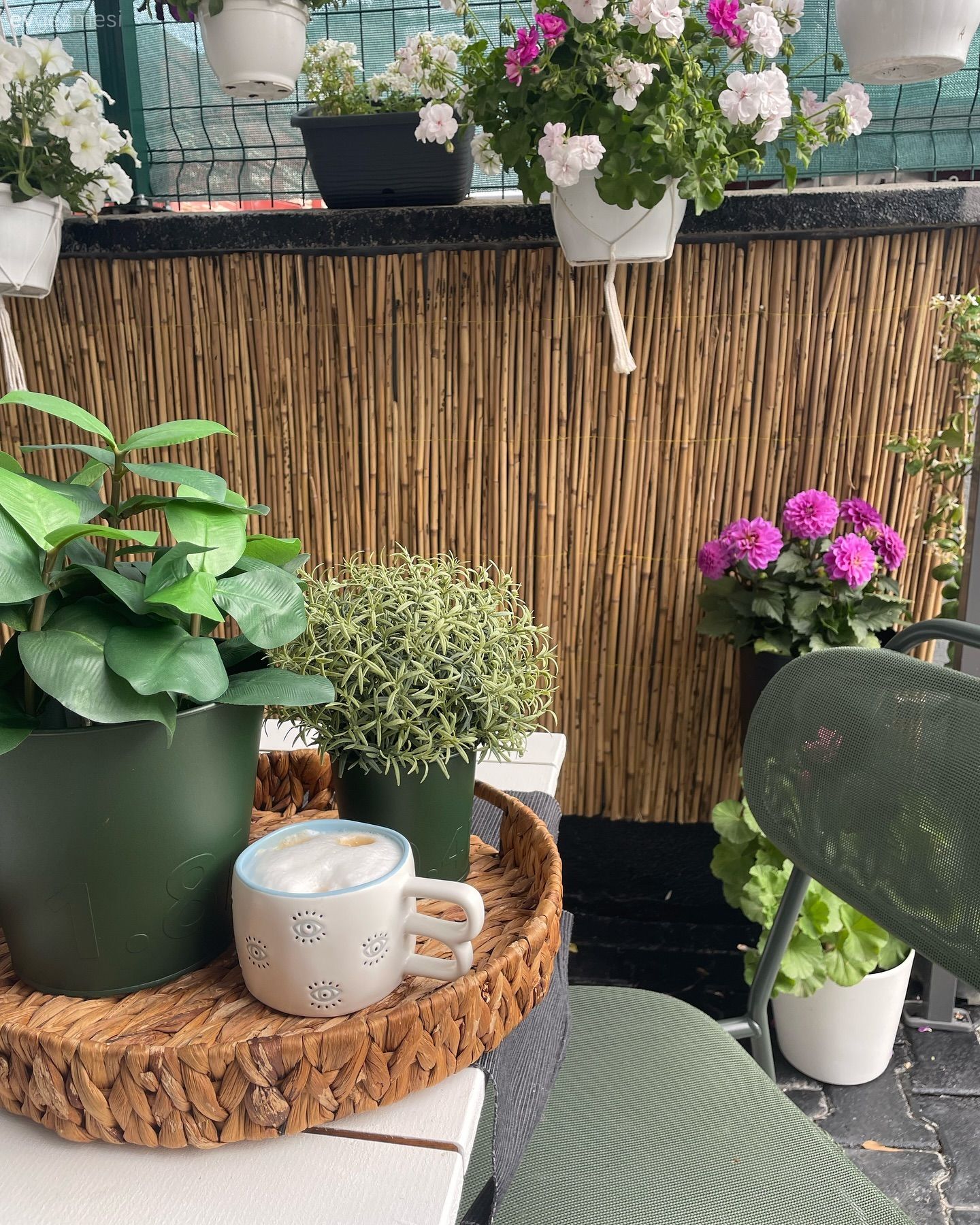 Bahçe, Bambu çit, Çiçekler, Bahçe masası, Sandalye