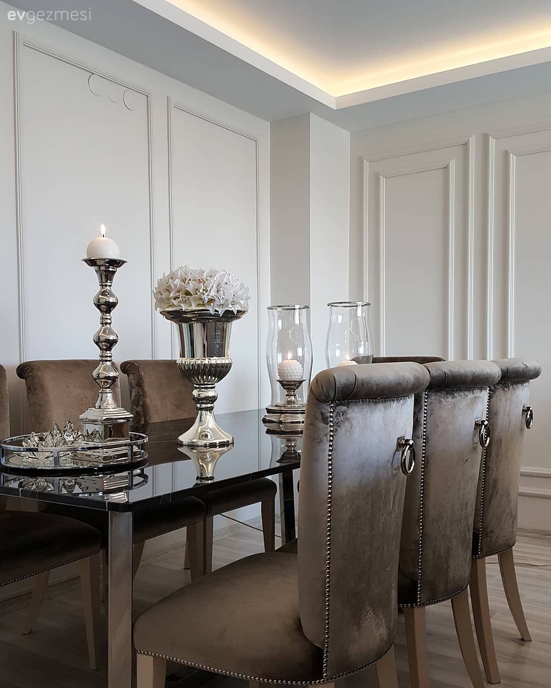 Yemek Odası, Sandalye, Beyaz, Vizon, Duvar çıtalama, Şamdan, Ev Aksesuar, Vazo