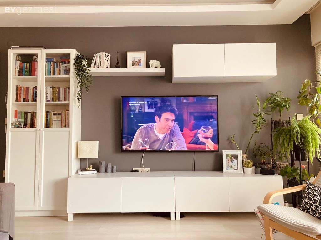 Modern, Salon, Tv ünitesi, Tv ünitesi aksesuarları, Ev Aksesuar, Beyaz, Siyah, Ev bitkisi, Gri duvar