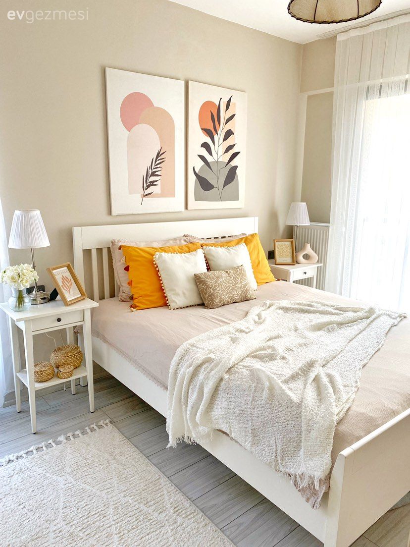 Yatak Odası, Beyaz, Sarı, Yatak başlığı, Tablo, Duvar dekorasyonu