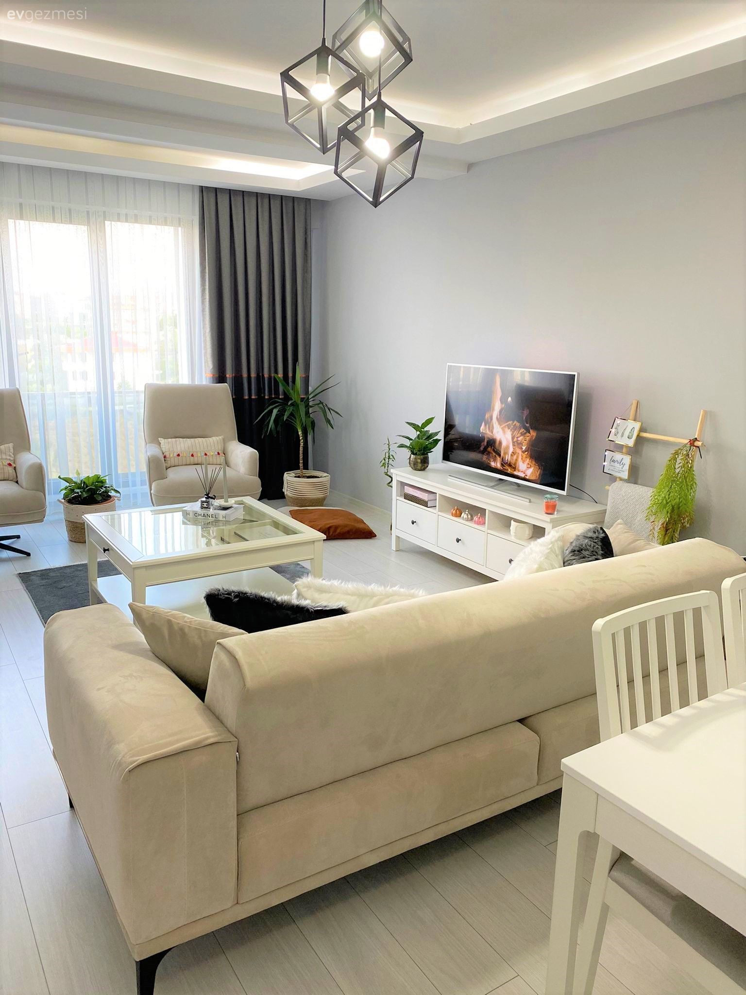 Salon, Beyaz koltuk, Berjer, Koltuk takımı, Modern, Orta sehpa, Sehpa, Tv ünitesi, Fon perde, Perde, Tül perde, Gri, Ev bitkisi, Avize, Aydınlatma, Salon avizesi