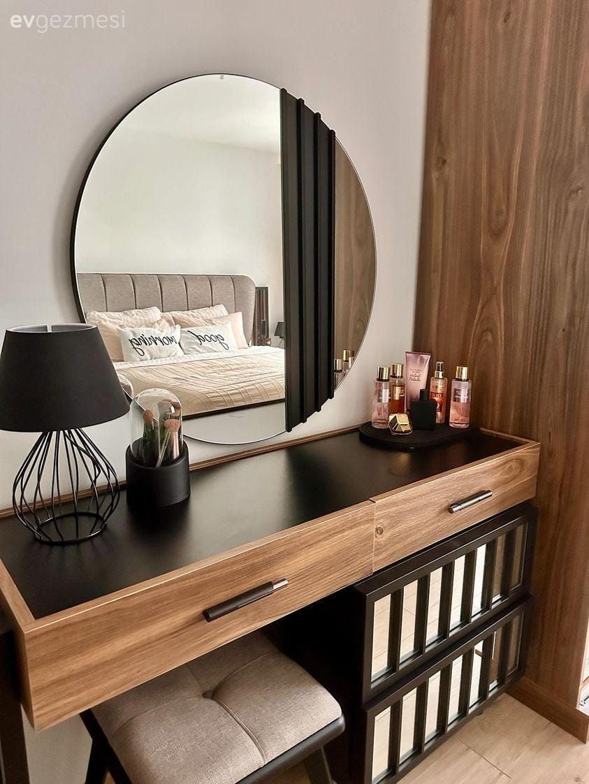 Makyaj masası, Yatak Odası, Siyah, Yuvarlak ayna, Dekoratif ayna, Abajur, Aydınlatma