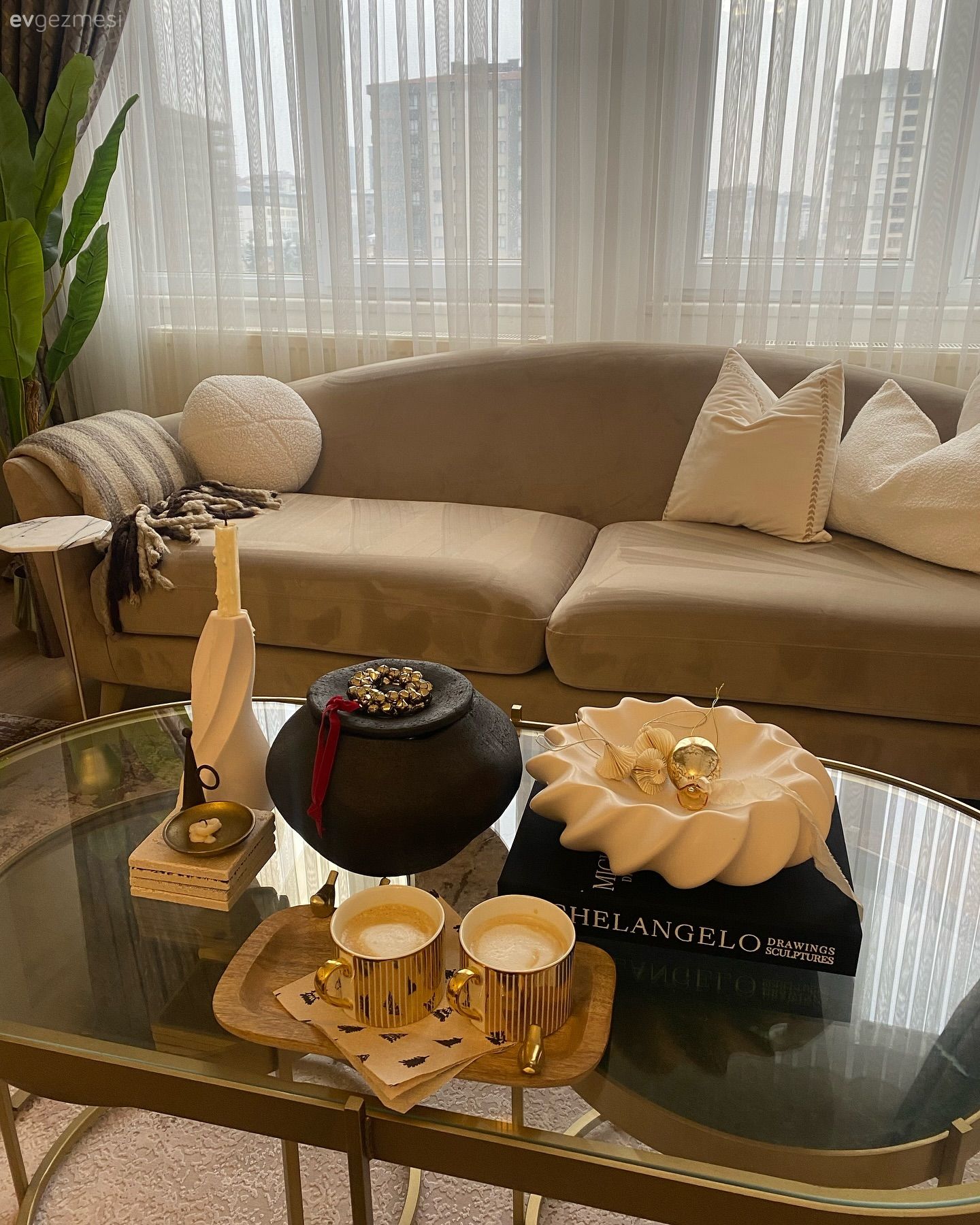 Salon, Modern, Vizon, Beyaz, Krem, Siyah, Altın, Koltuk takımı, Orta sehpa, Sehpa, Cam orta sehpa, Ev bitkisi, Tül perde, Perde, Dekoratif Objeler