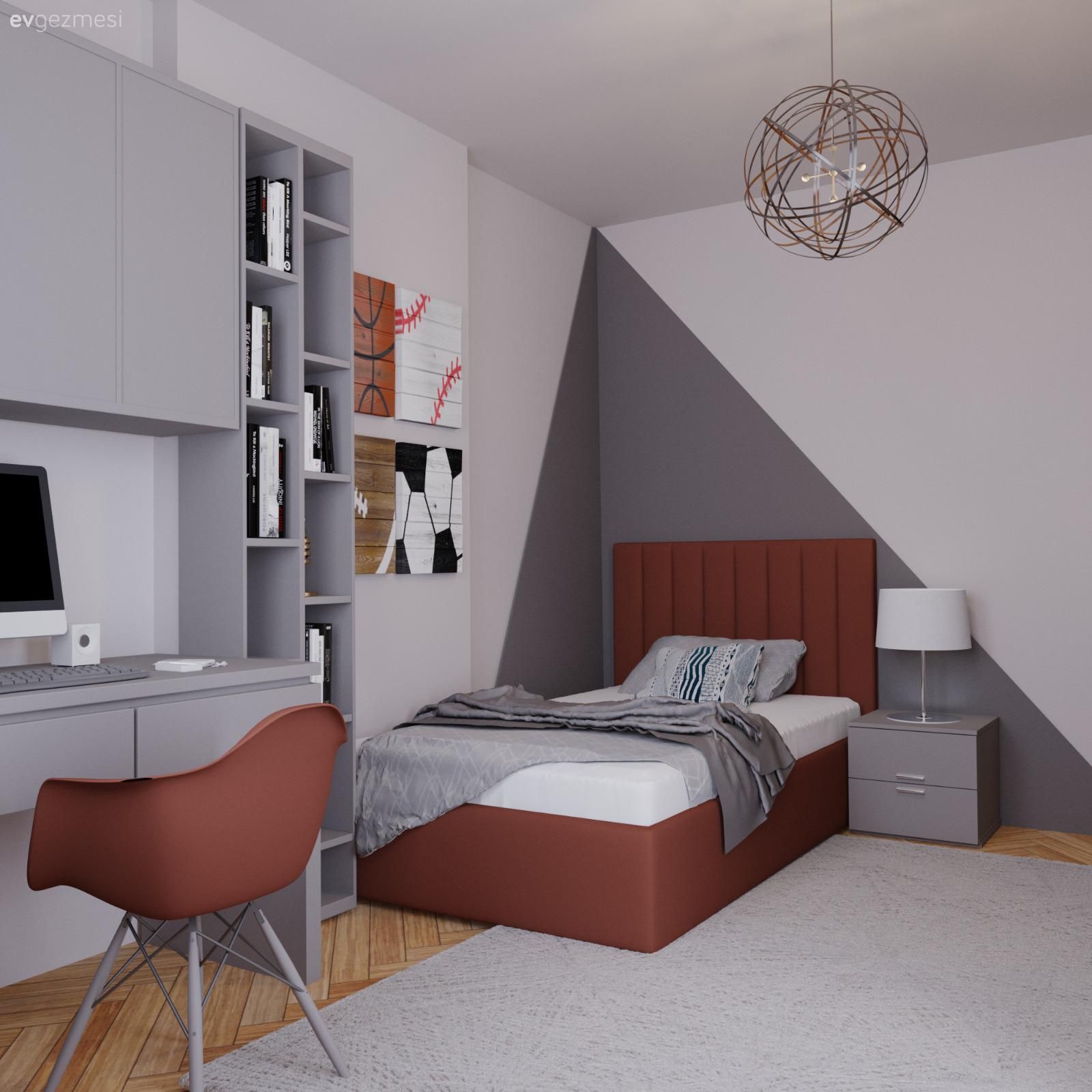 Genç odası, Beyaz, Gri, Duvar dekorasyonu, Duvar Nişleri, Kitaplık, Sandalye, Turuncu, Halı, Avize, Aydınlatma, Komodin, Abajur
