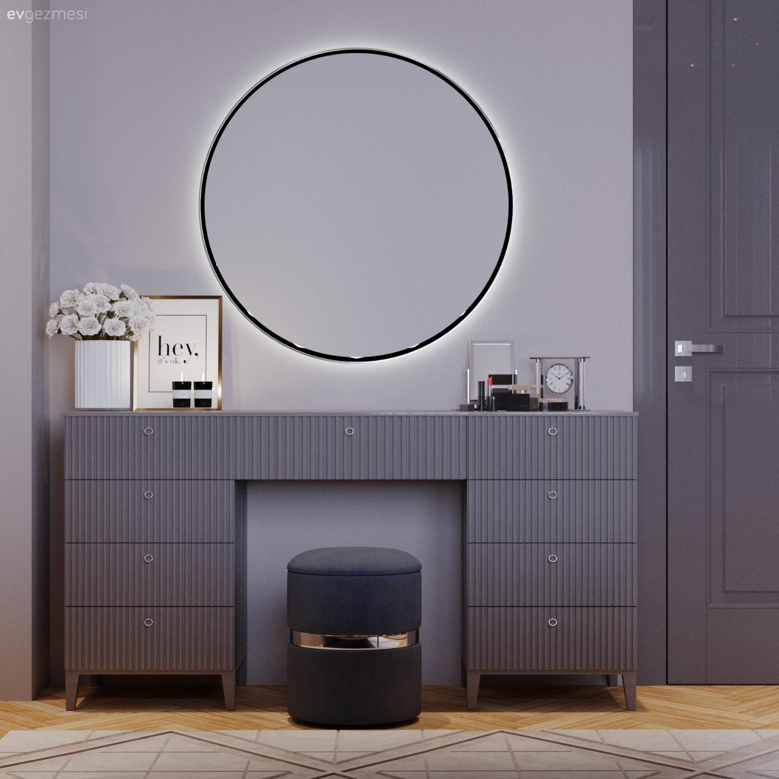 Makyaj masası, Yatak Odası, Puf, Gri, Yuvarlak ayna, Dekoratif ayna, Çerçeve