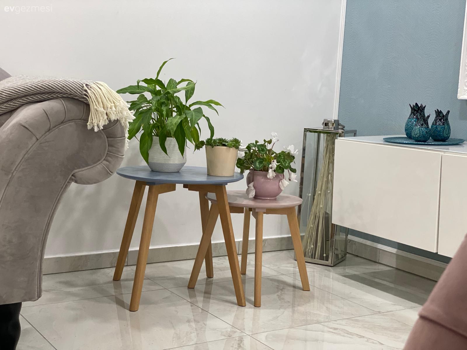 Beyaz, Gri, Pudra pembe, Yan sehpa, Sehpa, Fener, Ev Aksesuar, Ev bitkisi, Dekoratif Objeler, Mavi duvar